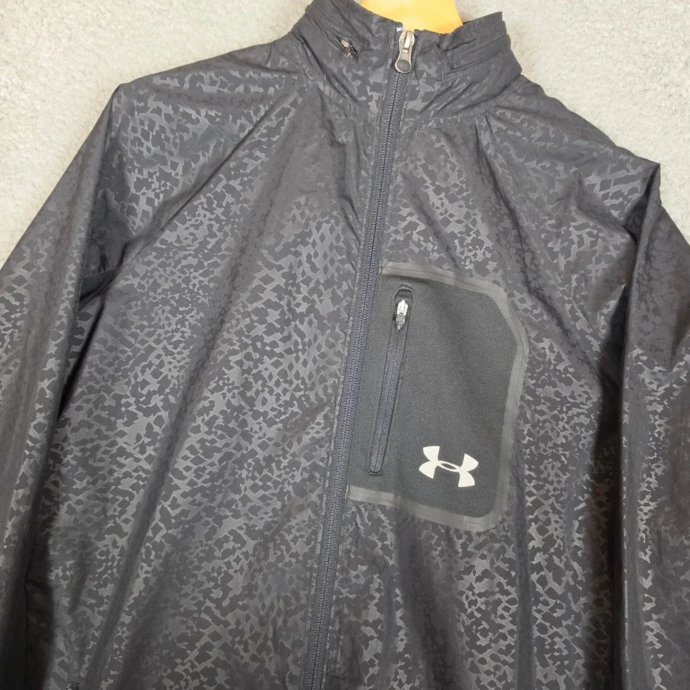 Under Armour Windbreaker Jacket Mens Medium‎ Black Excellent Patterned Hooded